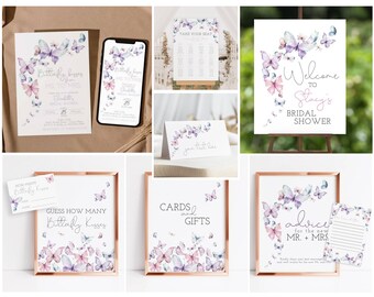 May include: A set of printable bridal shower decorations featuring a watercolor butterfly design. The decorations include a welcome sign, a seating chart, a card and gift sign, a guess how many butterflies game, and an advice for the new Mr. and Mrs. sign.