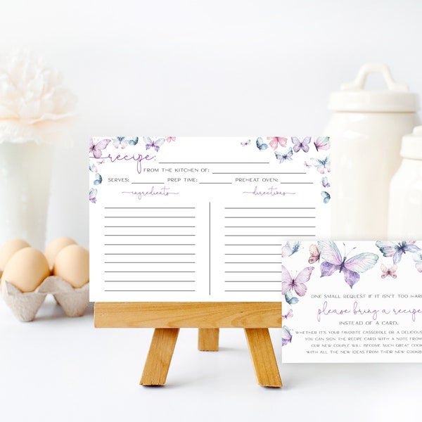Butterfly Bridal Shower Recipe Bundle, He Gives Her Butterflies Insert, From Miss To Mrs., Pink Purple Blue Tones, Editable Template