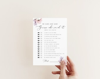 Floral Adivina quién lo dijo, Él dijo que ella dijo despedida de soltera, juego de fiesta rosa y morado, actividad de los novios, preguntas, plantilla editable