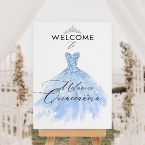 Light Blue Quinceanera Welcome Sign, Blue Quince Dress Poster, Sweet 16 Welcome, 15th Birthday Board, Instant Download, Editable Template image 1