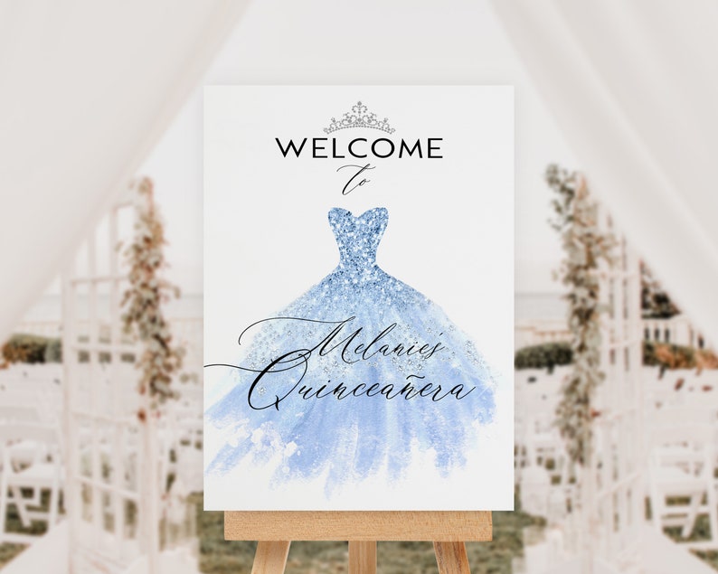 Light Blue Quinceanera Welcome Sign, Blue Quince Dress Poster, Sweet 16 Welcome, 15th Birthday Board, Instant Download, Editable Template image 1