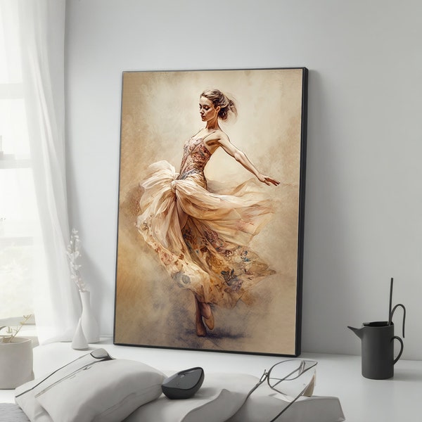 Peinture sur toile de femme en robe de danse, affiche de femme dansante, impression de femme dansante, art mural de mouettes dansantes