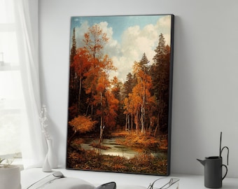 riviermuurdecor, herfstlandschapskunst aan de muur, bomenkunst, natuurmuurdecor, panoramische muurdecor, canvasdruk, kunst aan de muur, klaar om op te hangen