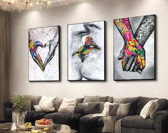 Banksy Set of 3 Canvas, Love and Kissing Art, Gift for Lover, Colourful Graffiti, Famous Mural Quote, Heart Graffiti Art, Canvas Wall Decor