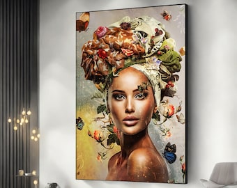 Frauenkopf Blumen Wandkunst, übergroße Wandkunst, Leinwand Blumenkopf, Frau Leinwand Gemälde, Blumenkopf Frau Kunst, Frau Gesicht Wandkunst