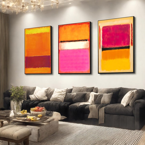 Mark Rothko Set van 3 Canvas Rood-Oranje Mix Kleur Kunstreproductie, Mark Rothko Reproductie, Abstract Canvas Wall Art, Moderne Minimal Art