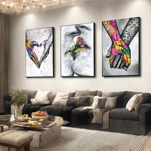 Banksy Set of 3 Canvas, Love and Kissing Art, Gift for Lover, Colourful Graffiti, Famous Mural Quote, Heart Graffiti Art, Canvas Wall Decor