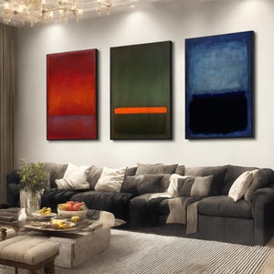 Mark Rothko Conjunto de 3 telas de reprodução de arte azul-verde-azul, reprodução de Mark Rothko, arte abstrata de parede em tela, arte minimalista moderna
