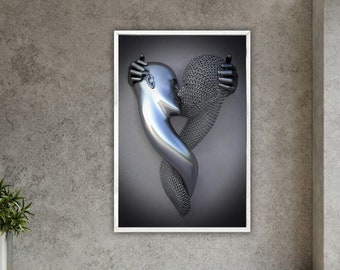 Op de afbeelding: Een zwart-witfoto van een zilveren sculptuur van twee figuren die elkaar omhelzen. Het beeldhouwwerk is abstract en lijkt van metaal te zijn.