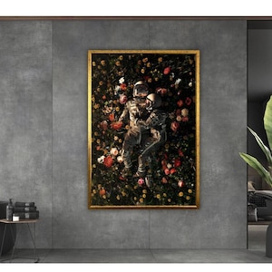 Nasa Astronaut Couple Canvas Wall Art, Nasa Astronaut Love In Space Canvas Wall Art, Flowers And Astronauts