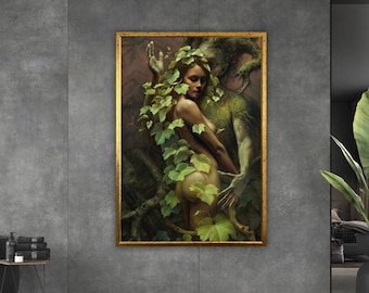 Surreal Love: Lovers Embracing Among the Leaves Painting, Sensual Couple Embrace Canvas Print