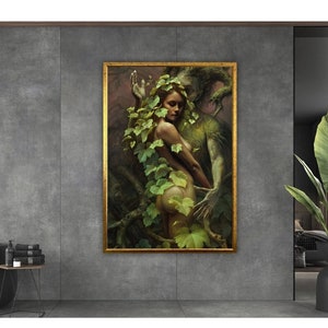 Surreal Love: Lovers Embracing Among the Leaves Painting, Sensual Couple Embrace Canvas Print