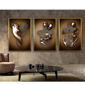 Following Love: Man And Woman Painting, Love Couples Canvas Painting, Bronze Canvas Print, Set of 3 Ready to Hang Canvas