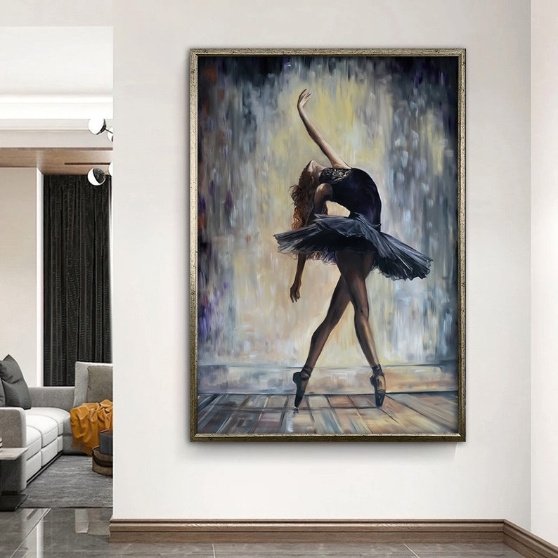May include: A painting of a ballerina in a black tutu, with a blurred background of a stage or studio. The ballerina is in mid-pose, with her arms outstretched and her legs extended.