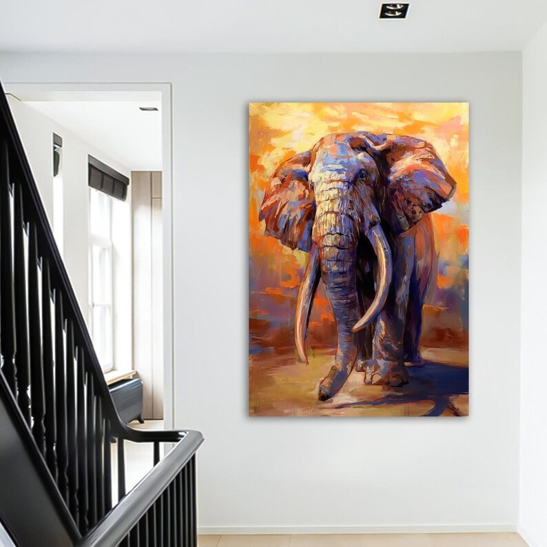 May include: A painting of an elephant with large tusks standing in a field with a sunset in the background. The elephant is painted in shades of blue, purple, and gray, while the background is painted in shades of orange, yellow, and red.