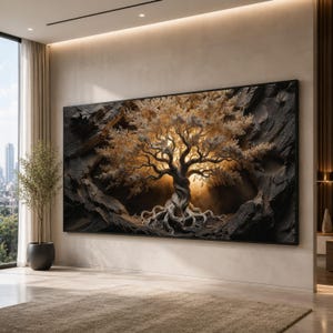 May include: A large rectangular wall art piece featuring a detailed illustration of a gnarled, light-colored tree with intricate roots and branches, set against a dark, textured rocky background with a warm, glowing light emanating from behind.