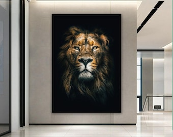 May include: A close-up portrait of a lion with a golden mane against a black background. The lion's eyes are focused on the viewer, creating a powerful and majestic image.