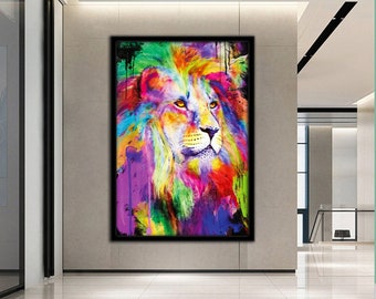 Colorido lienzo de león, lienzo de león, arte de pared de león, póster de león, arte de pared animal, póster de animales, lienzo de animales, lienzo enmarcado