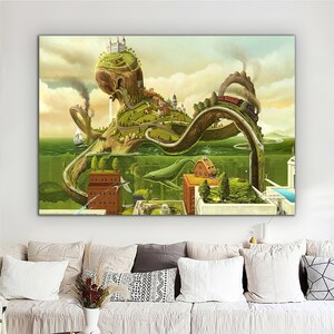 May include: A surreal painting of a giant octopus with a city built on its back. The octopus is partially submerged in water, with a whale swimming beneath it. The city is made up of buildings, trees, and roads. The painting is done in a whimsical style, with bright colors and a sense of wonder.