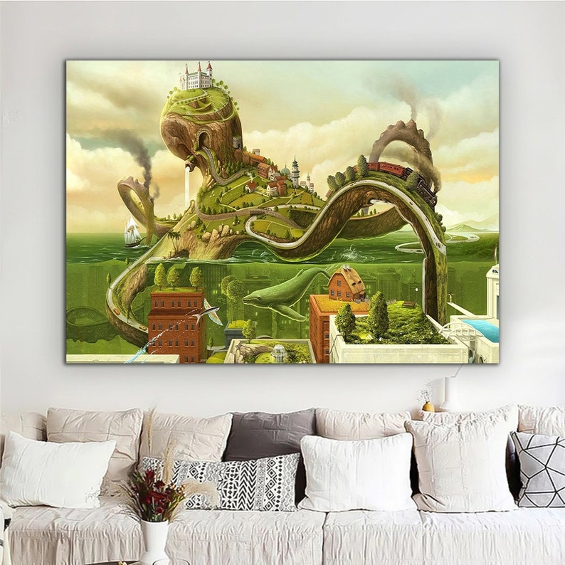 May include: A surreal painting of a giant octopus with a city built on its back. The octopus is partially submerged in water, with a whale swimming beneath it. The city is made up of buildings, trees, and roads. The painting is done in a whimsical style, with bright colors and a sense of wonder.