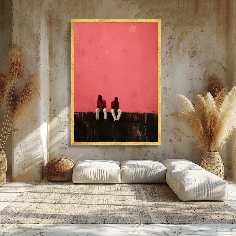 Minimalist Two Men Sitting Wall Art, Modern Canvas with Pink and Black Background, Contemporary Urban Scene, Stylish Home Decoration image 2