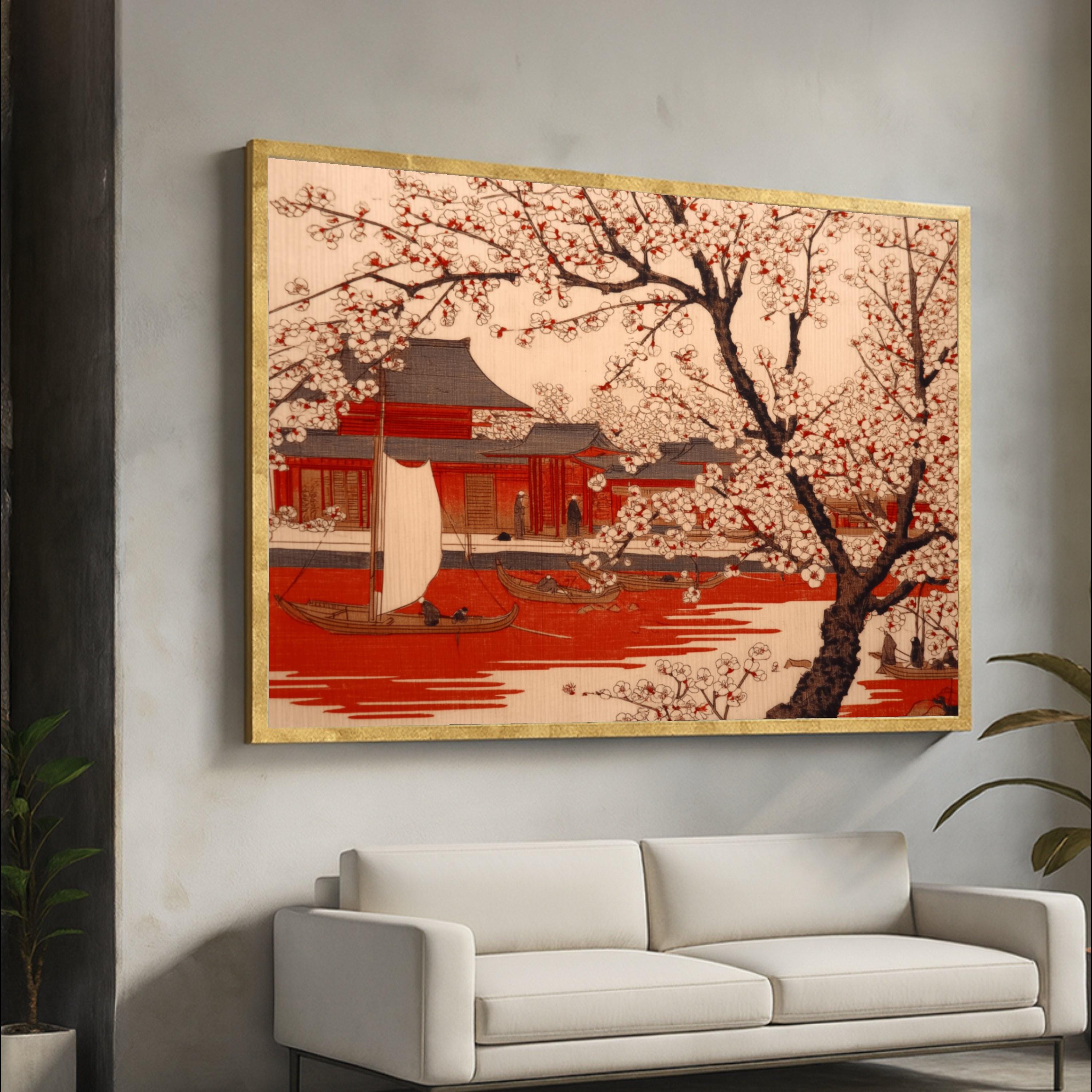 Traditional Japanese Sakura Blossom Canvas, Vintage Red Pagoda