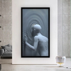Puede incluir: Una impresi&oacute;n de arte abstracto en blanco y negro con una representaci&oacute;n 3D de una figura humana de pie frente a un patr&oacute;n de espiral hipn&oacute;tico.