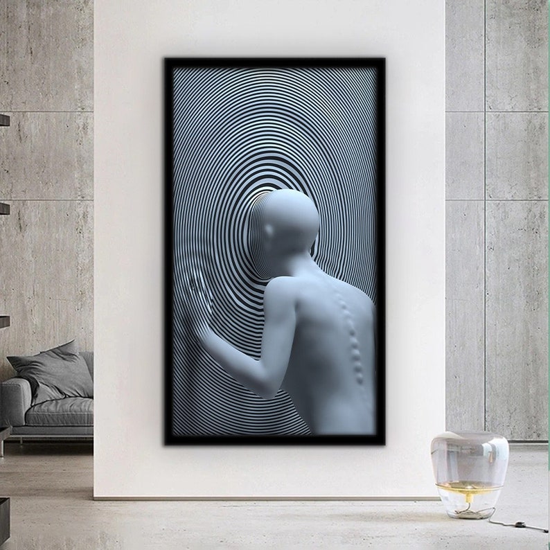 Puede incluir: Una impresi&oacute;n de arte abstracto en blanco y negro con una representaci&oacute;n 3D de una figura humana de pie frente a un patr&oacute;n de espiral hipn&oacute;tico.