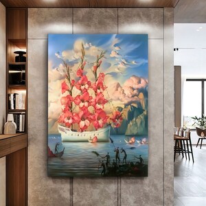 May include: A surreal painting of a white ship sailing through a cloudy sky. The ship is made of flowers, with pink and red petals forming the sails and hull. The sky is a vibrant blue with fluffy white clouds. The painting is a whimsical and imaginative depiction of a ship sailing through a dreamlike landscape.