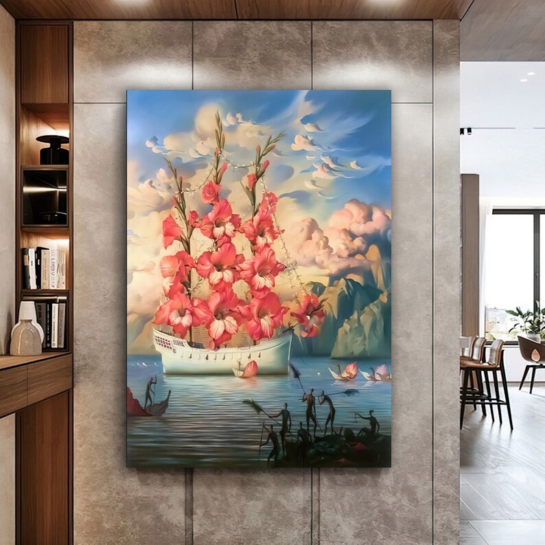 May include: A surreal painting of a white ship sailing through a cloudy sky. The ship is made of flowers, with pink and red petals forming the sails and hull. The sky is a vibrant blue with fluffy white clouds. The painting is a whimsical and imaginative depiction of a ship sailing through a dreamlike landscape.