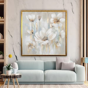 Weiße Blumen Leinwandkunst, Blumen Wanddekoration, Gold Wanddekor, Florale Wandkunst, Blumen Leinwanddruck, Blumenkunst, Luxus Gerahmte Wanddekoration