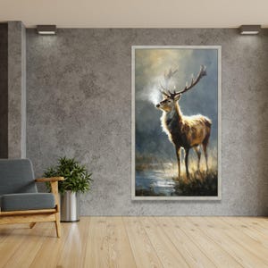 Majestueus hert in ochtendmist, wildlife canvas muurkunst, natuur dierenschilderij, decor rustiek huis, klaar om op te hangen canvaskunst afbeelding 4