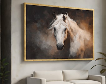 Majestic White Horse Canvas, Rustic Animal Wall Art, Equestrian Decor, Farmhouse Style Canvas Painting, Nature Inspired Home Decoration