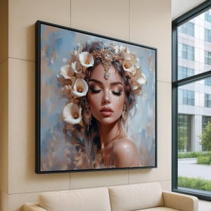Elegant Woman Portrait Canvas, Floral Headpiece Wall Art, Ethereal Beauty Canvas Print, Glamorous Face Art Decoration