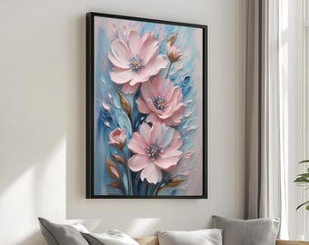 Pink Flower Canvas, Floral Wall Art, Pastel Flower Print, Elegant Botanical Art, Home Decor Canvas, Ready to Hang Decoration