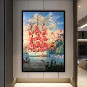 May include: A surreal painting of a ship made of pink flowers sailing on a blue sea with a cloudy sky.  The ship is surrounded by small figures in the water.