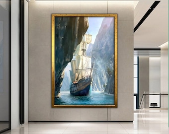 Zeilschip print op canvas, moderne muurkunst, canvas muurset, grote muurkunst, piratenschip schilderij, groot ingelijst canvas