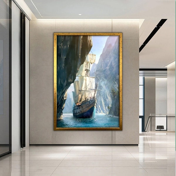 Segelschiff Druck auf Leinwand, moderne Wandkunst, Leinwand Wand Set, große Wandkunst, Piratenschiff Malerei, große gerahmte Leinwand