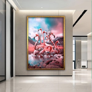 Flamingo Canvas Wall Art, Animal Wall Art, Pink Flamingo Wall Print, Flamingos on Water, Flamingo Wall Art Print, Framed Canvas Reay to Hang