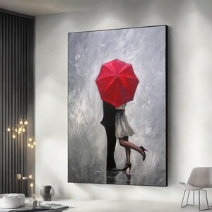 Love canvas print, love couples painting, hug wall art, kissing under an umbrella poster, gift art for lover