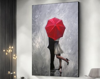 Impression sur toile d'amour, peinture de couples d'amour, art mural câlin, baiser sous une affiche de parapluie, art cadeau pour amoureux