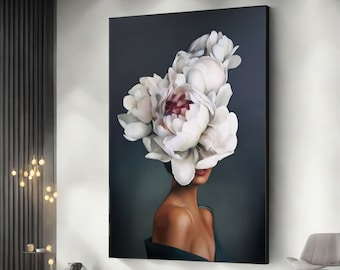 White Flower Head Woman Canvas print,Woman Wrapped in White Roses,Woman Back,Woman with Flower print,ready to hang canvas print