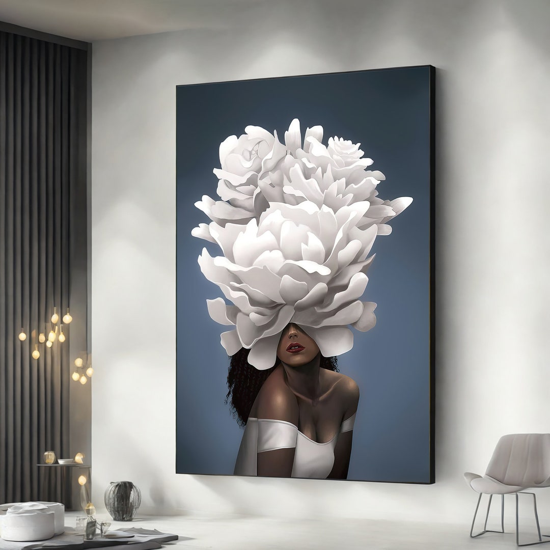 Black Women White Flower Head Canvas Wall Art, Fashion Women Canvas ...