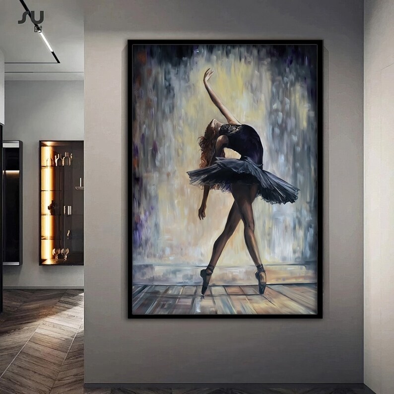May include: A painting of a ballerina in a black tutu, dancing on a wooden floor. The background is a blurred, abstract painting of colors.
