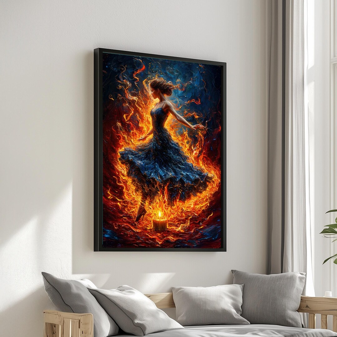 Flame Dancer Canvas, Woman in Fire Dress Art, Fiery Dance Wall Art