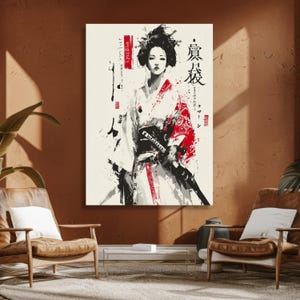 Modern Geisha Warrior Canvas, Japanese Samurai Art, Abstract Kimono Painting, Red Black White Wall Art, Asian Female Portrait Decoration image 6