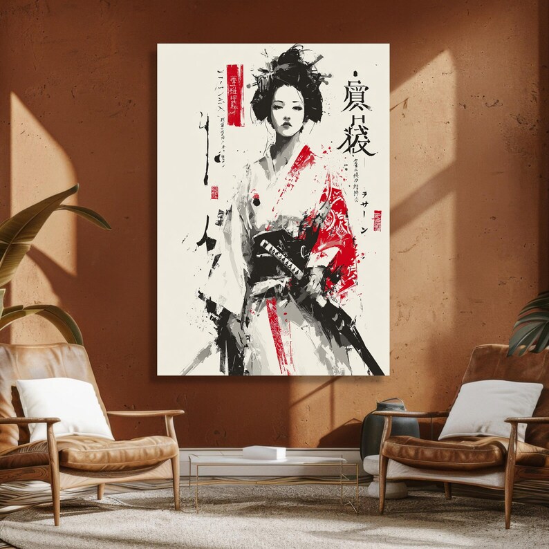 Modern Geisha Warrior Canvas, Japanese Samurai Art, Abstract Kimono Painting, Red Black White Wall Art, Asian Female Portrait Decoration image 6