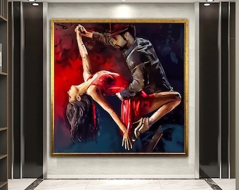 May include: A painting of a couple dancing. The woman is wearing a red dress and the man is wearing a black jacket. The painting is done in a watercolor style and has a vibrant color palette.