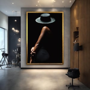 May include: A black and white photograph of a person wearing a black hat and a black dress. The person is standing in a dark room and is looking away from the camera.