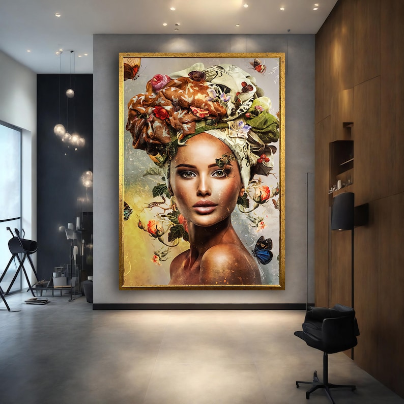 May include: A portrait of a woman wearing a colourful floral headwrap with butterflies. The woman has brown skin, dark eyes, and a neutral expression. The background is a soft, muted blue with hints of green and yellow.